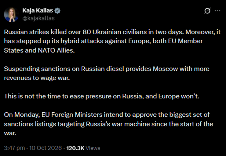 Каллас о дизельном топливе, РФ, санкциях ЕС